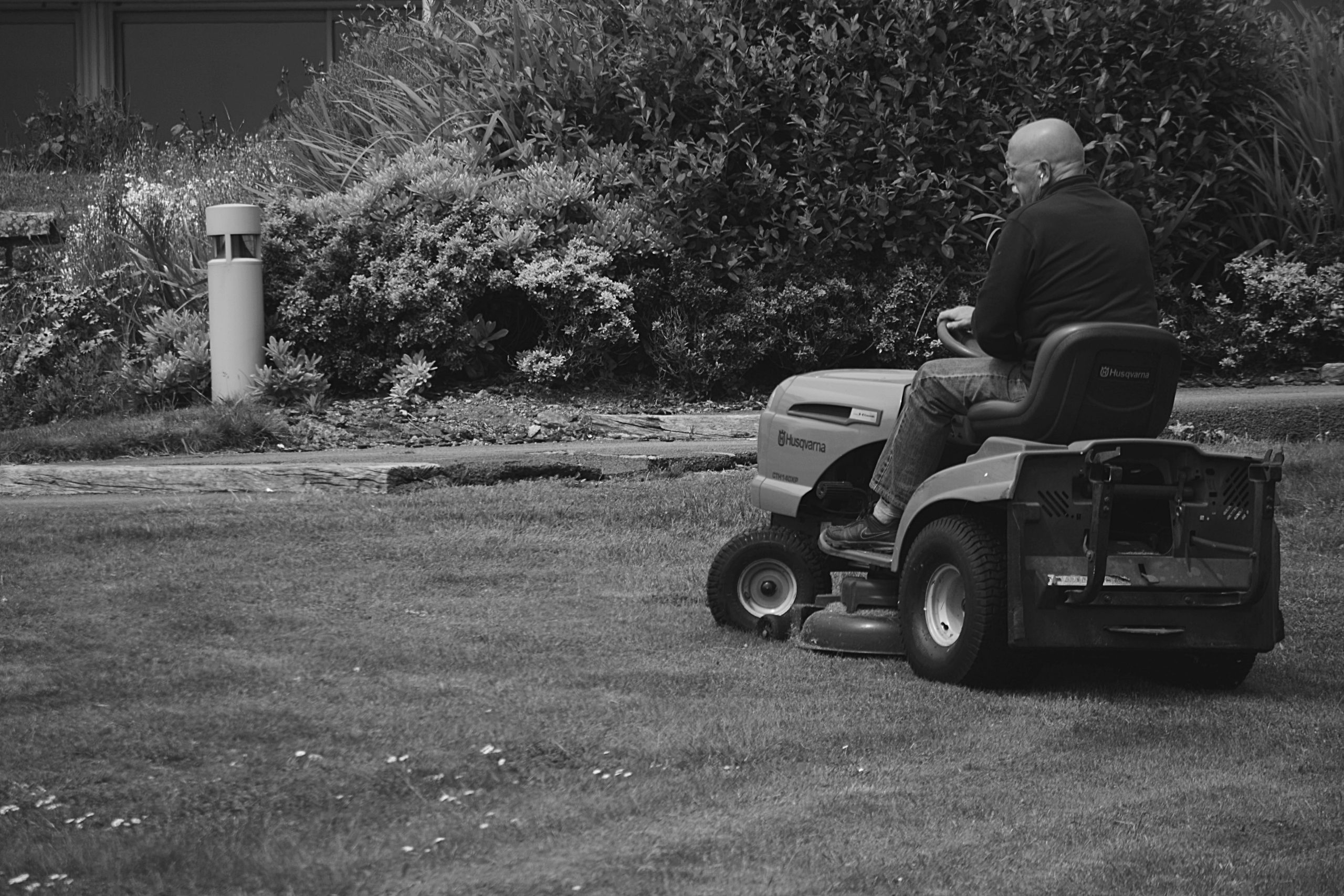 Adult mowing grass on a ride-on lawn mower in a garden setting.